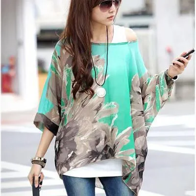 Tops Plus Size Women Clothing Style Batwing Sleeve Women Blouses Floral Print Women's Chiffon Shirts