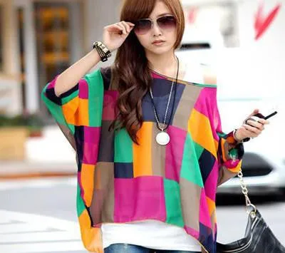 Tops Plus Size Women Clothing Style Batwing Sleeve Women Blouses Floral Print Women's Chiffon Shirts