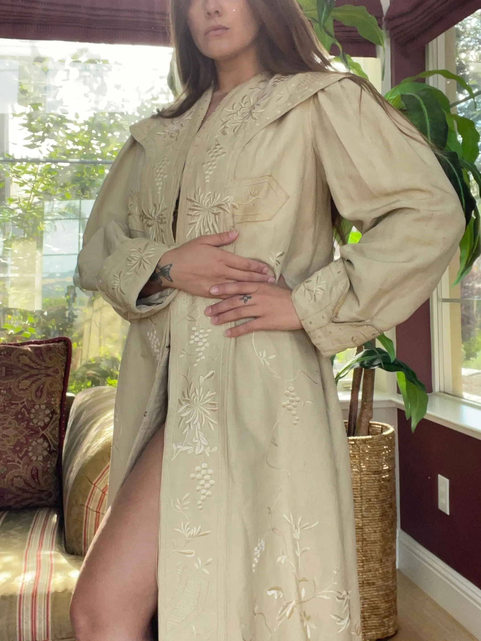 Turn Of The Century Edwardian Ecru Linen & Silk Densely Embroidered Coat