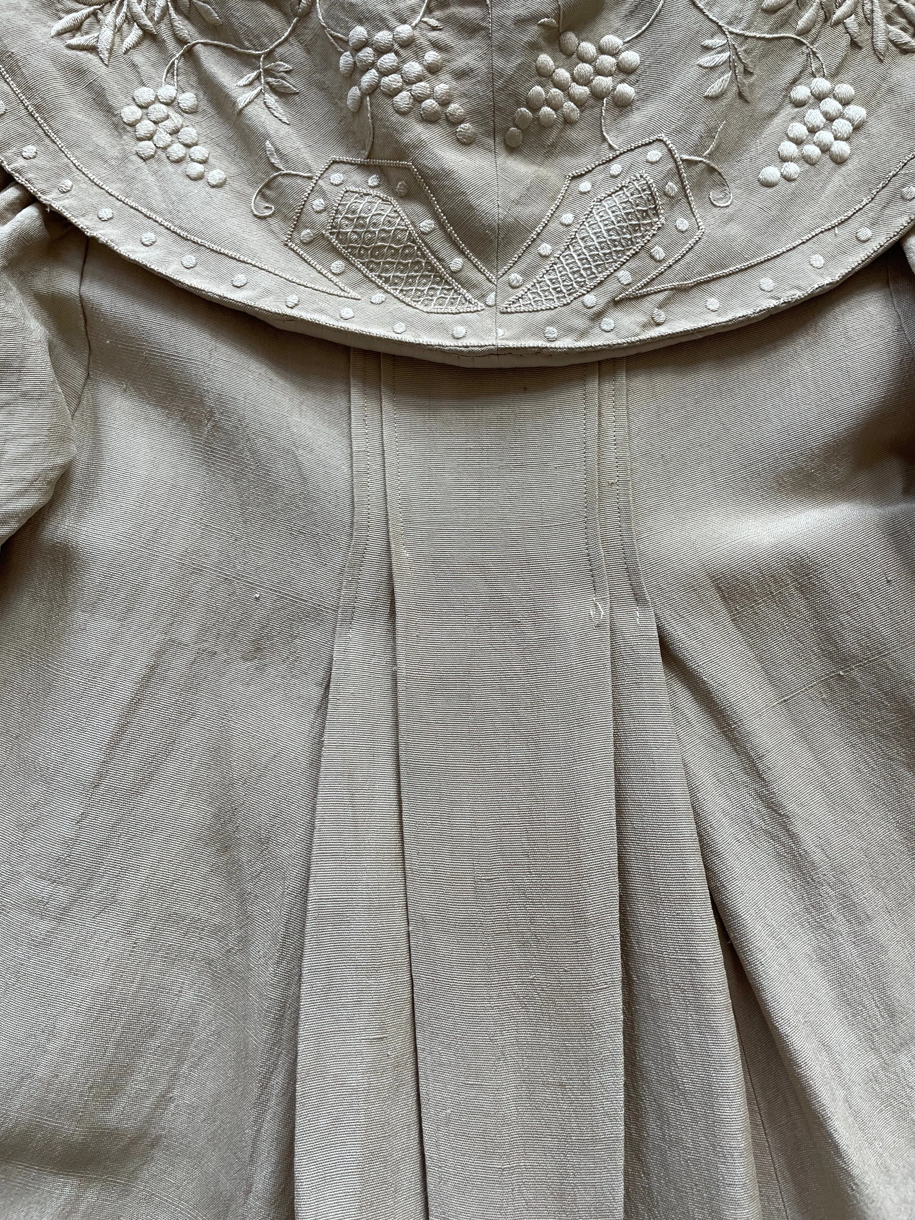 Turn Of The Century Edwardian Ecru Linen & Silk Densely Embroidered Coat