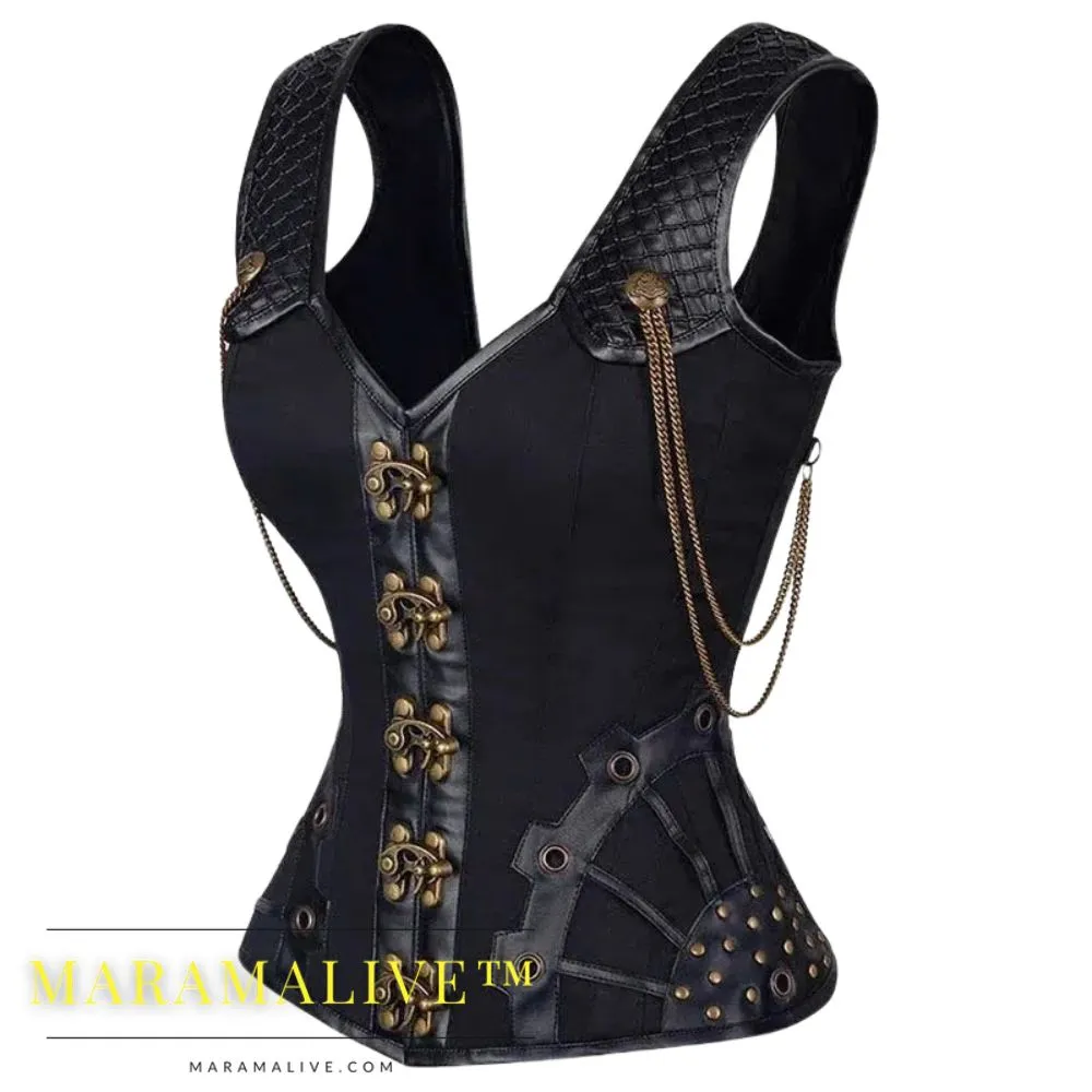 Unique Steampunk Corset Bustier Top - Sleek Gothic Leather Overbust - Vintage Victorian Style Shapewear