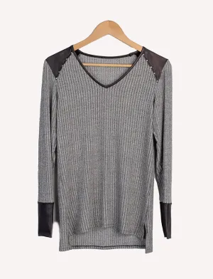 V-Neck Sweatshirt with Faux Leather