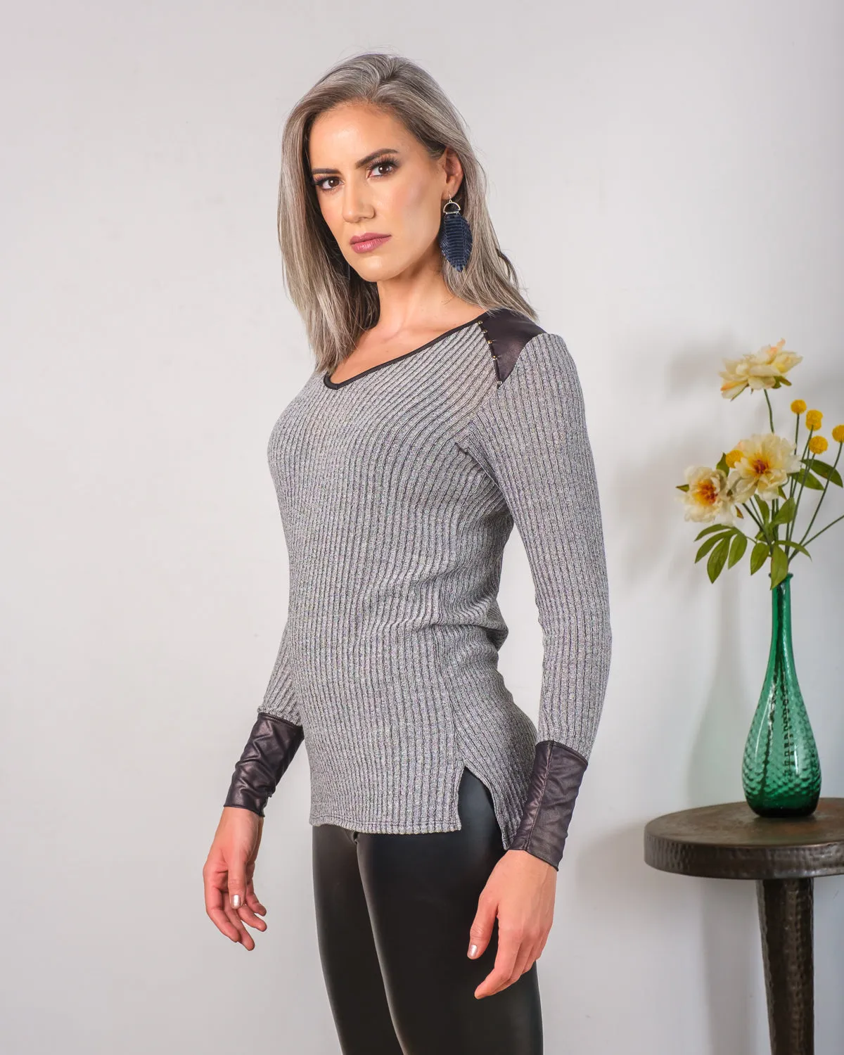 V-Neck Sweatshirt with Faux Leather