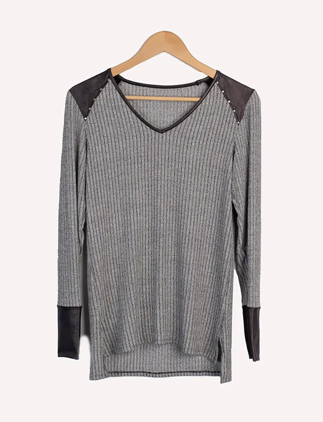 V-Neck Sweatshirt with Faux Leather
