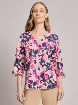 V-Neck Tie-Sleeve Blouse, Printed Linen