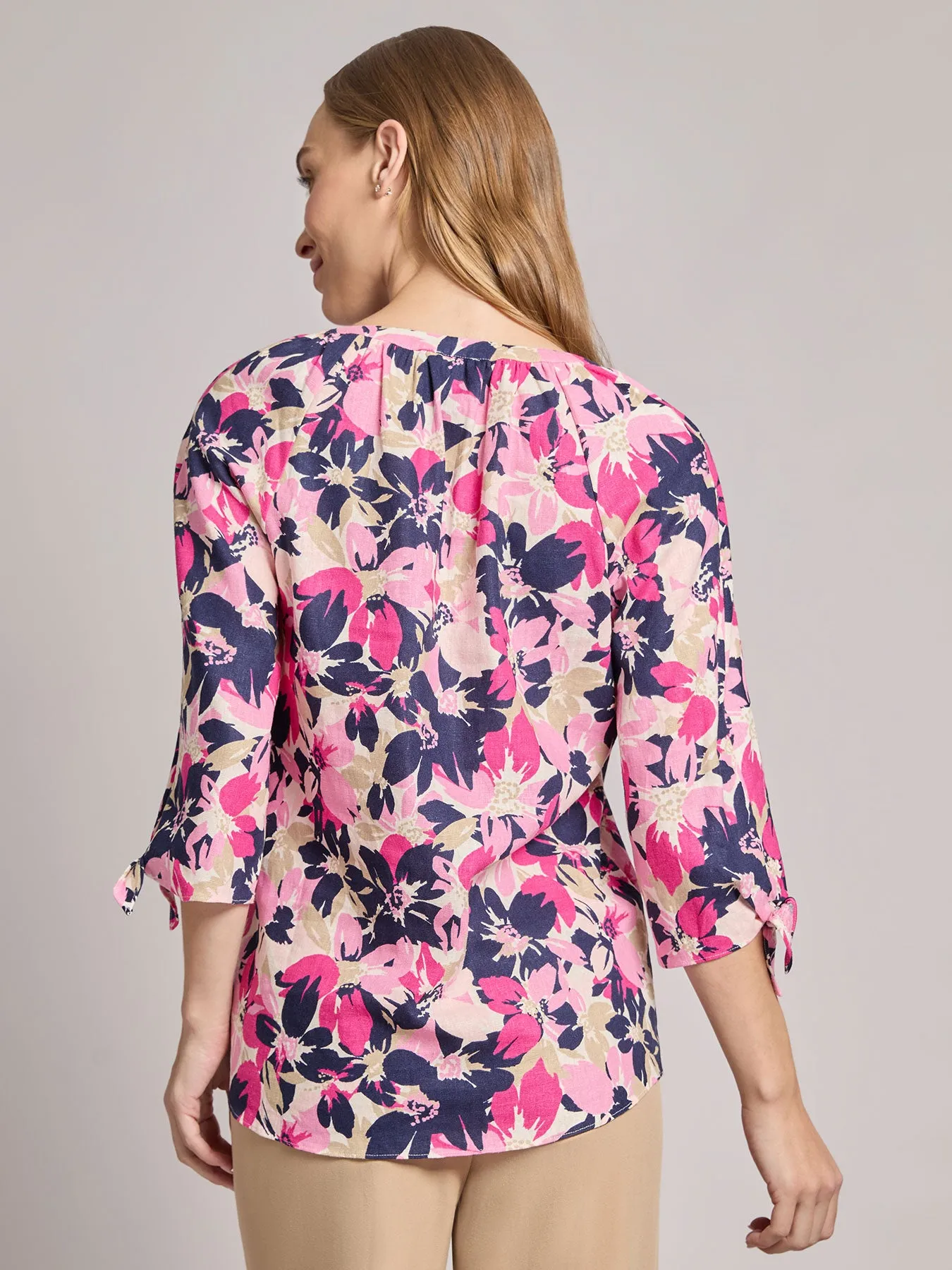 V-Neck Tie-Sleeve Blouse, Printed Linen