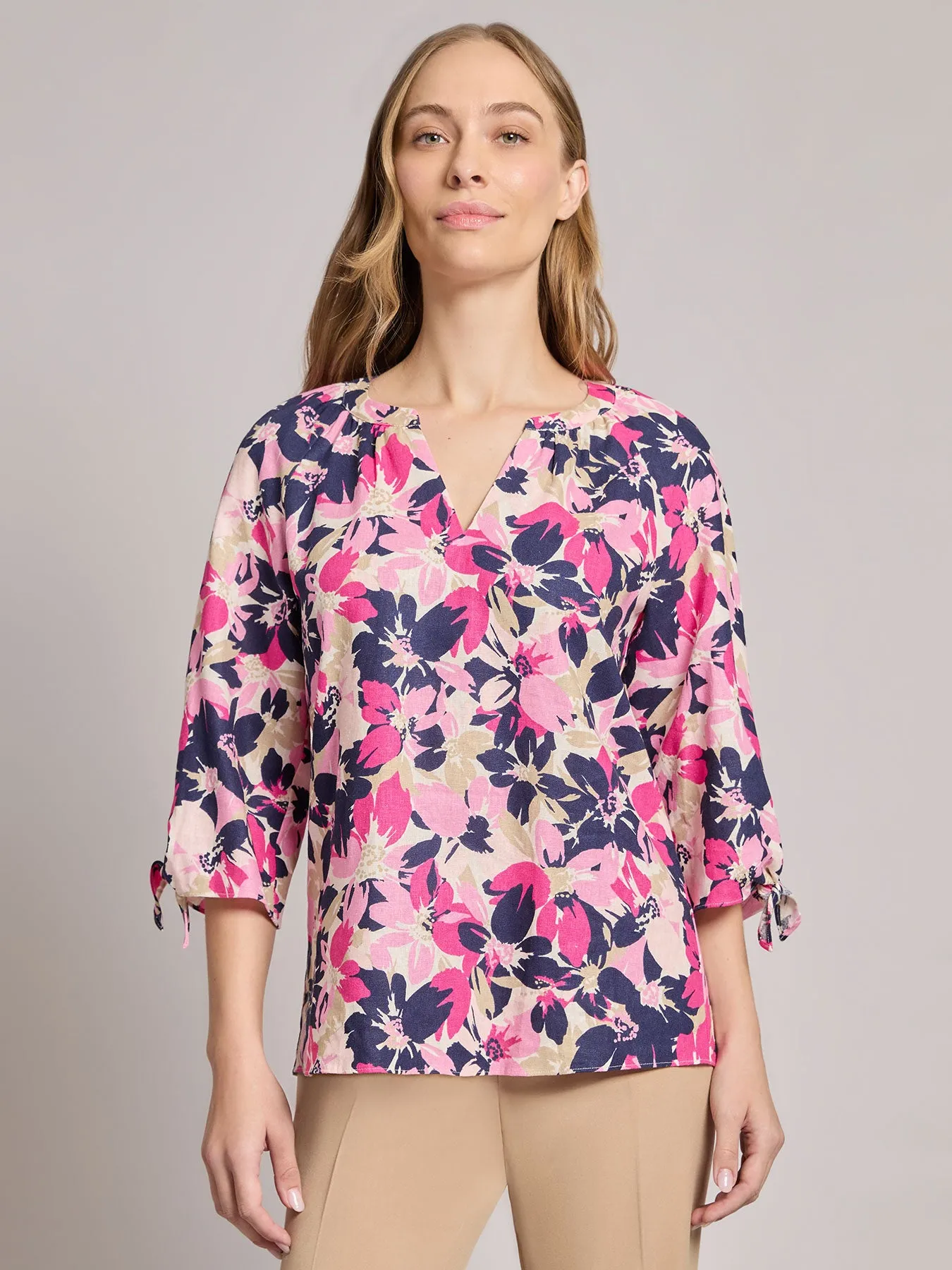 V-Neck Tie-Sleeve Blouse, Printed Linen