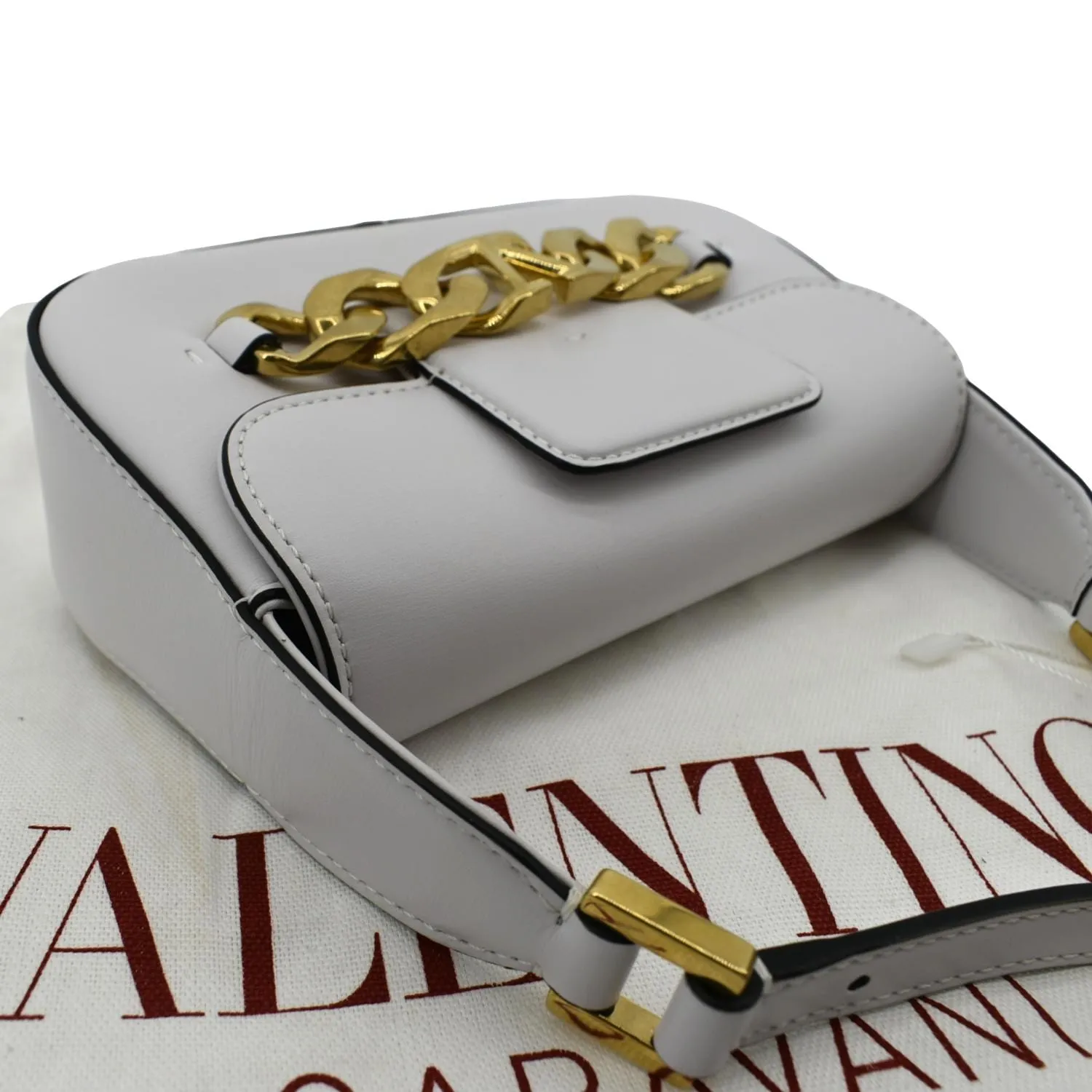 VALENTINO V Logo Chain Leather Shoulder Crossbody Bag Off White
