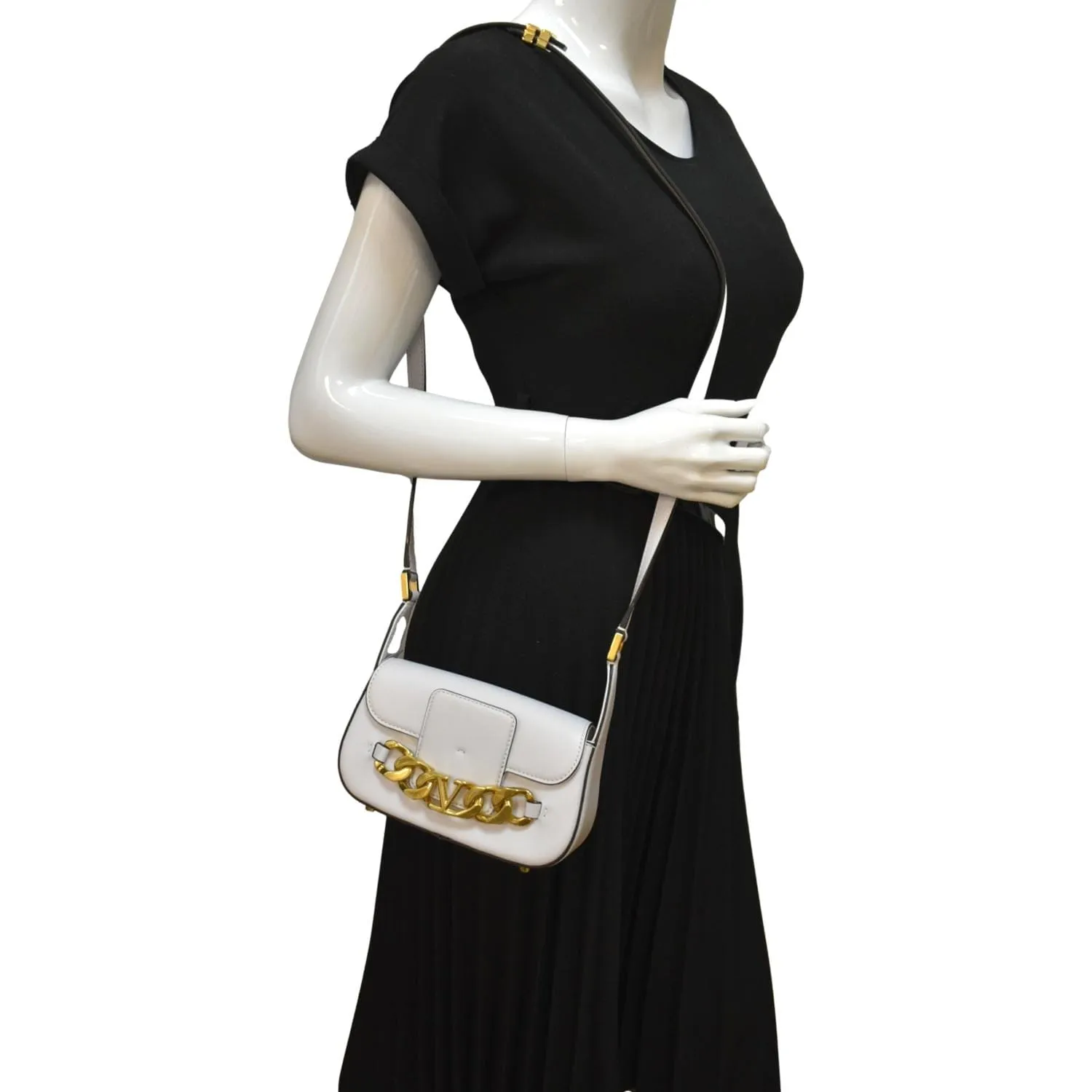 VALENTINO V Logo Chain Leather Shoulder Crossbody Bag Off White