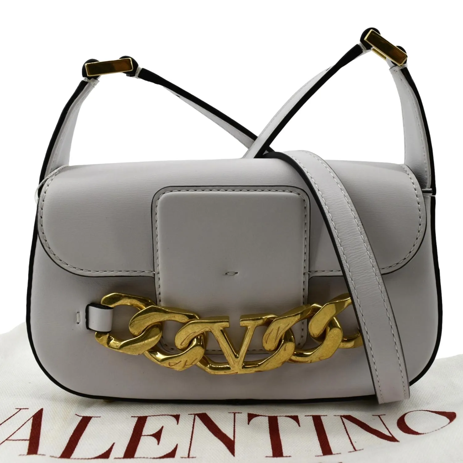 VALENTINO V Logo Chain Leather Shoulder Crossbody Bag Off White