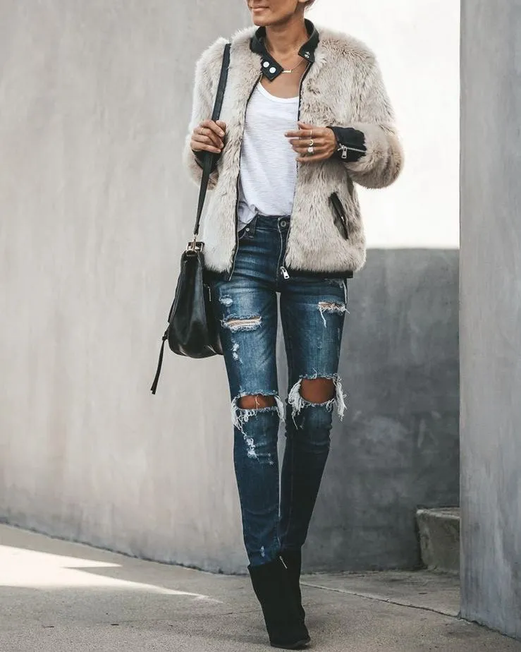 Vanity Faux Fur Leather Trim Pocketed Jacket