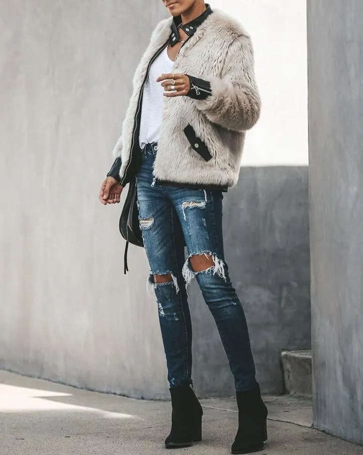 Vanity Faux Fur Leather Trim Pocketed Jacket