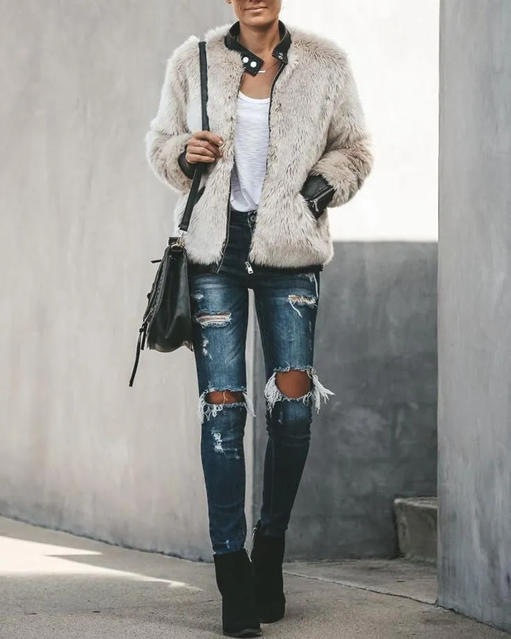 Vanity Faux Fur Leather Trim Pocketed Jacket
