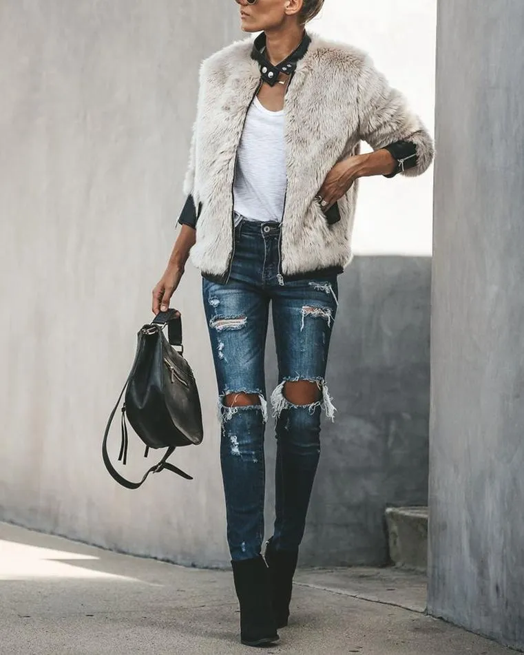 Vanity Faux Fur Leather Trim Pocketed Jacket