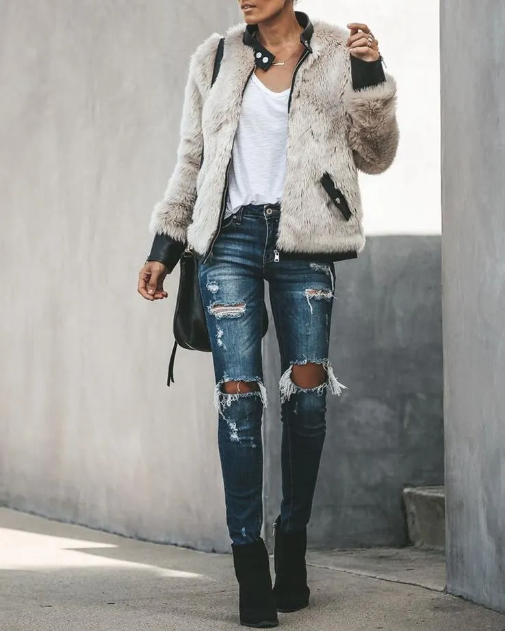Vanity Faux Fur Leather Trim Pocketed Jacket