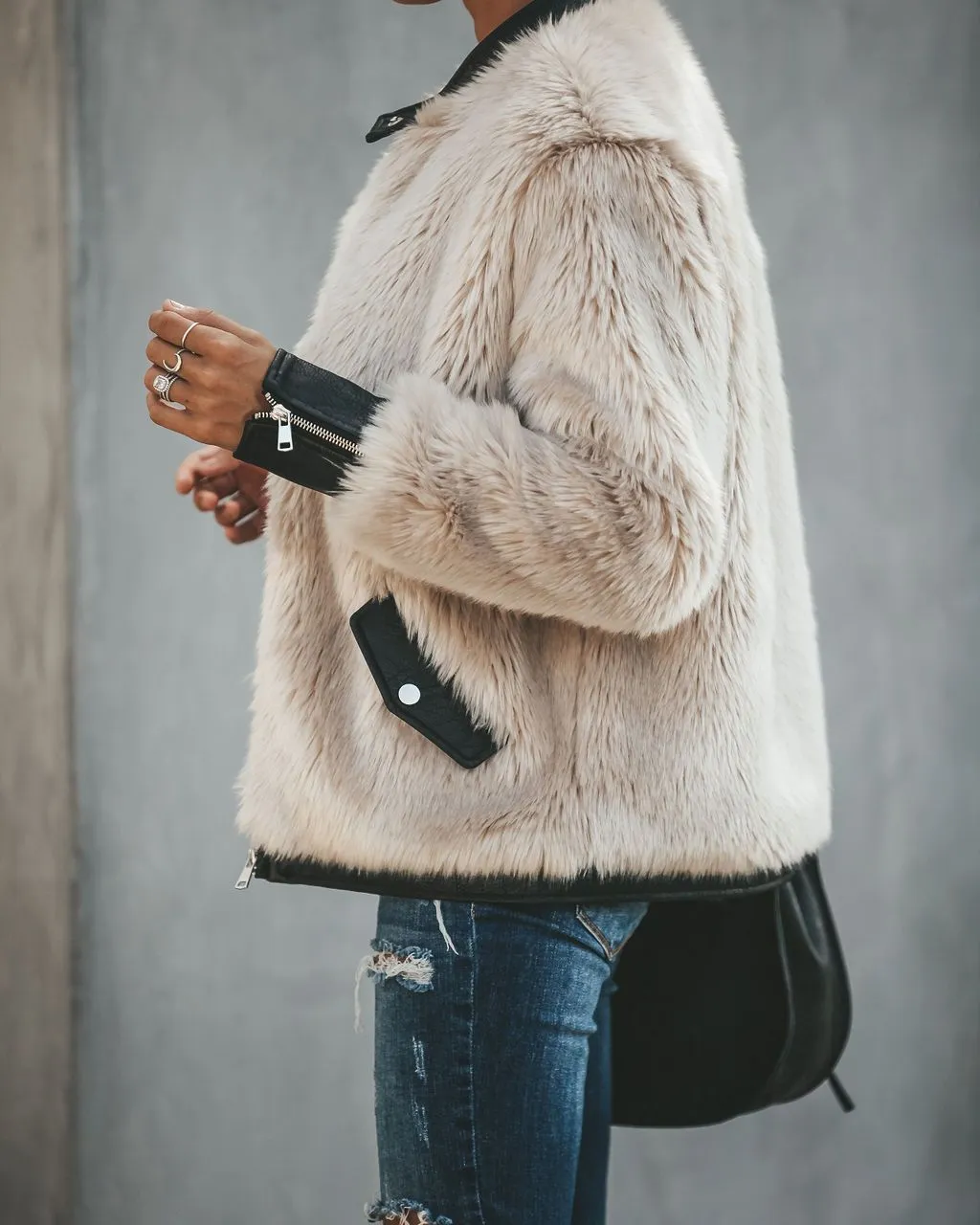 Vanity Faux Fur Leather Trim Pocketed Jacket