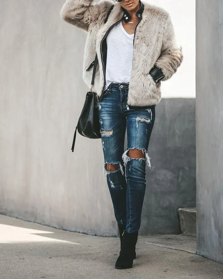 Vanity Faux Fur Leather Trim Pocketed Jacket