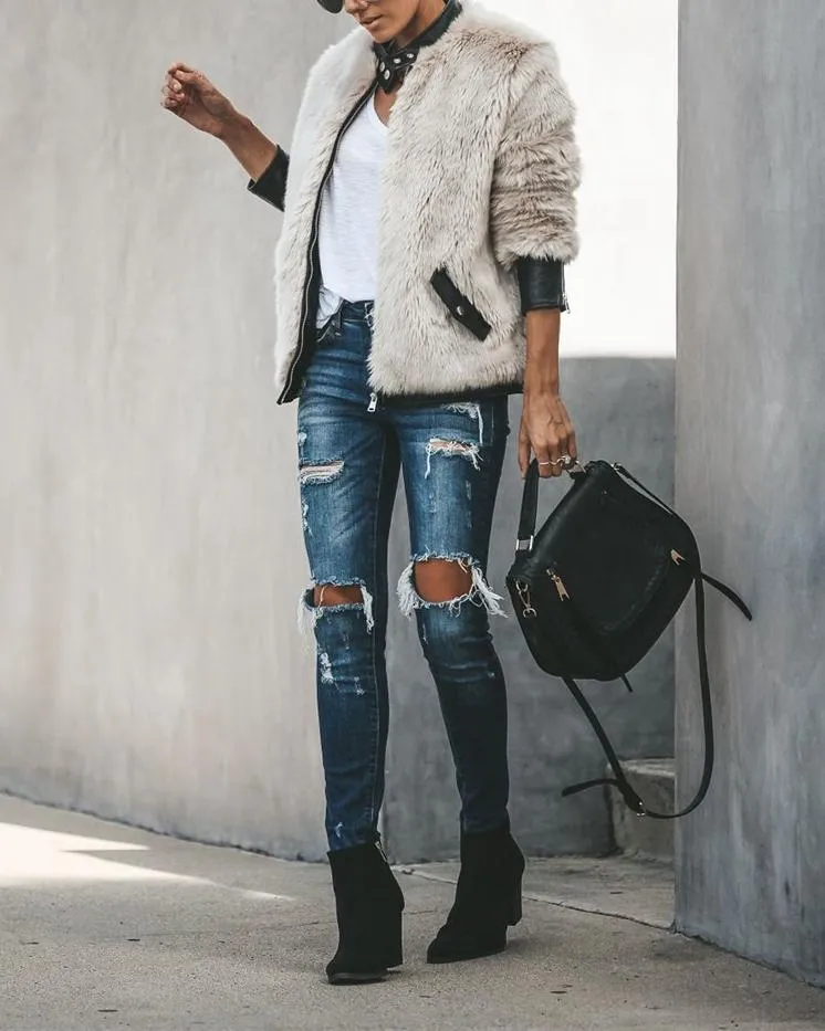 Vanity Faux Fur Leather Trim Pocketed Jacket