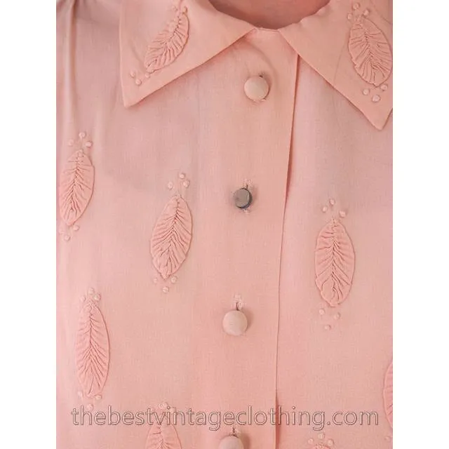 Vintage 1940s Rayon Blouse Peach Neat Applique Large