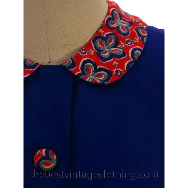 Vintage 2 PC Suit Skirt & Blouse Royal Blue & Red Print Linen Circle Skirt 1950s