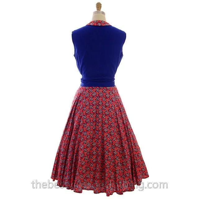 Vintage 2 PC Suit Skirt & Blouse Royal Blue & Red Print Linen Circle Skirt 1950s