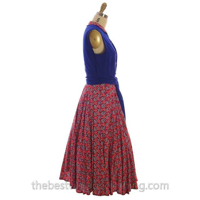Vintage 2 PC Suit Skirt & Blouse Royal Blue & Red Print Linen Circle Skirt 1950s