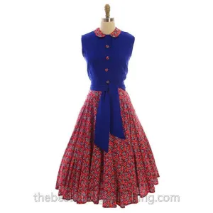 Vintage 2 PC Suit Skirt & Blouse Royal Blue & Red Print Linen Circle Skirt 1950s