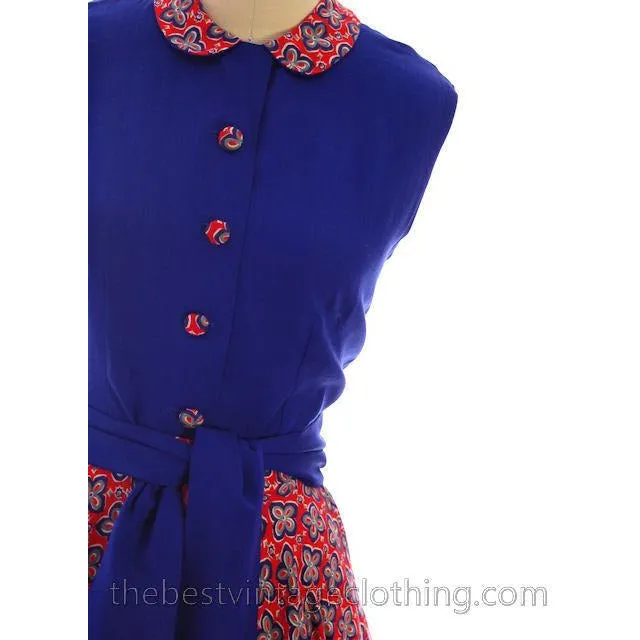 Vintage 2 PC Suit Skirt & Blouse Royal Blue & Red Print Linen Circle Skirt 1950s