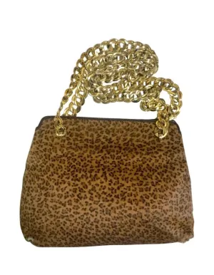 Vintage Bottega Veneta genuine leather shoulder bag with allover faux leopard print and double golden chain straps.