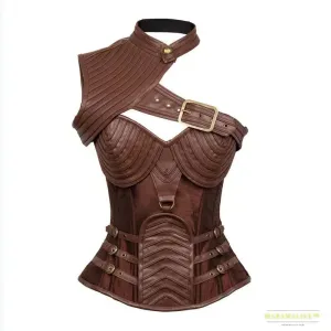 Vintage Victorian Steampunk Plus Size Corset Top in PU Leather with Steel Boning - Women's Outerwear, Brown