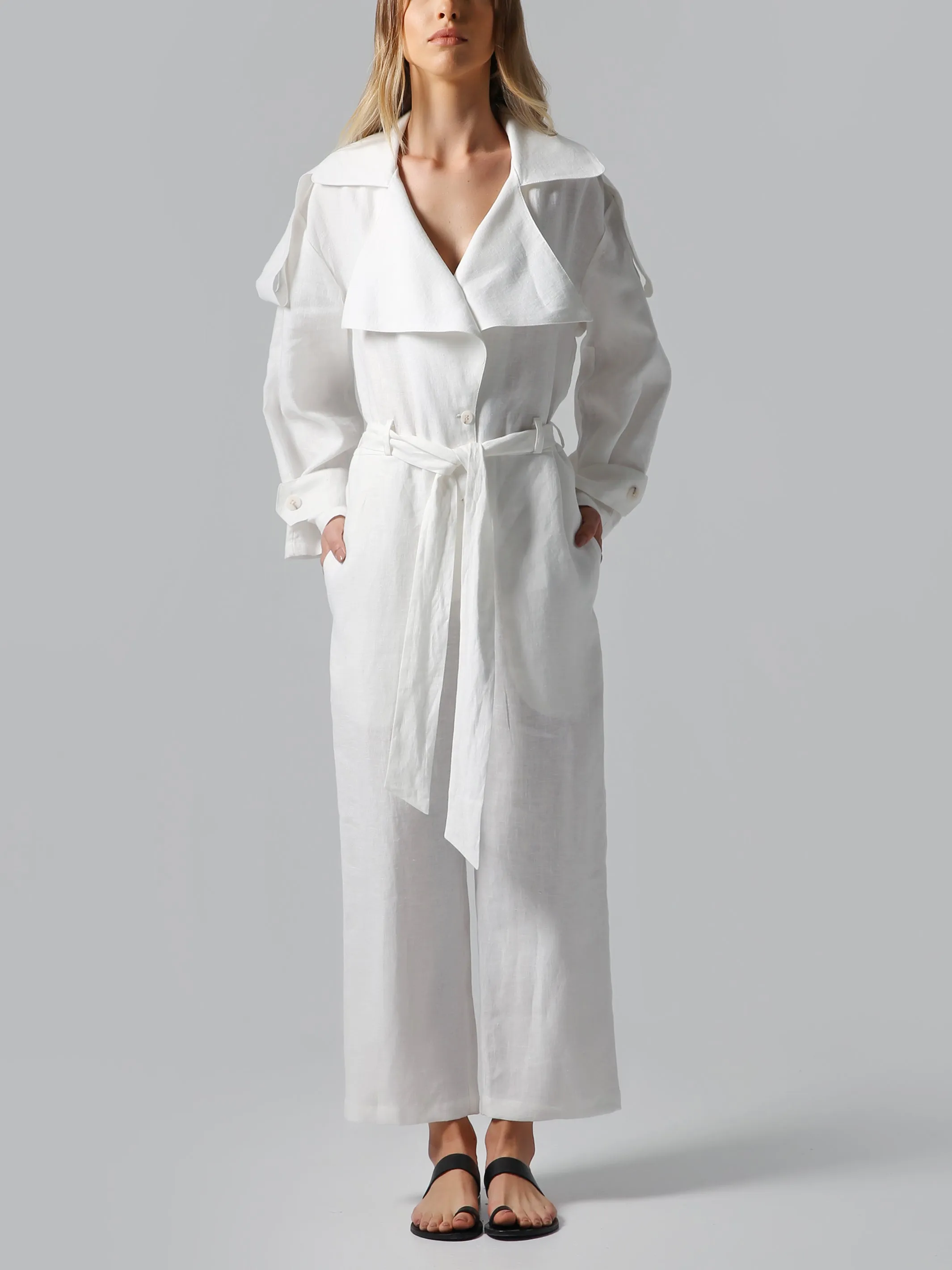 Visaltes Belted White Linen Jumpsuit