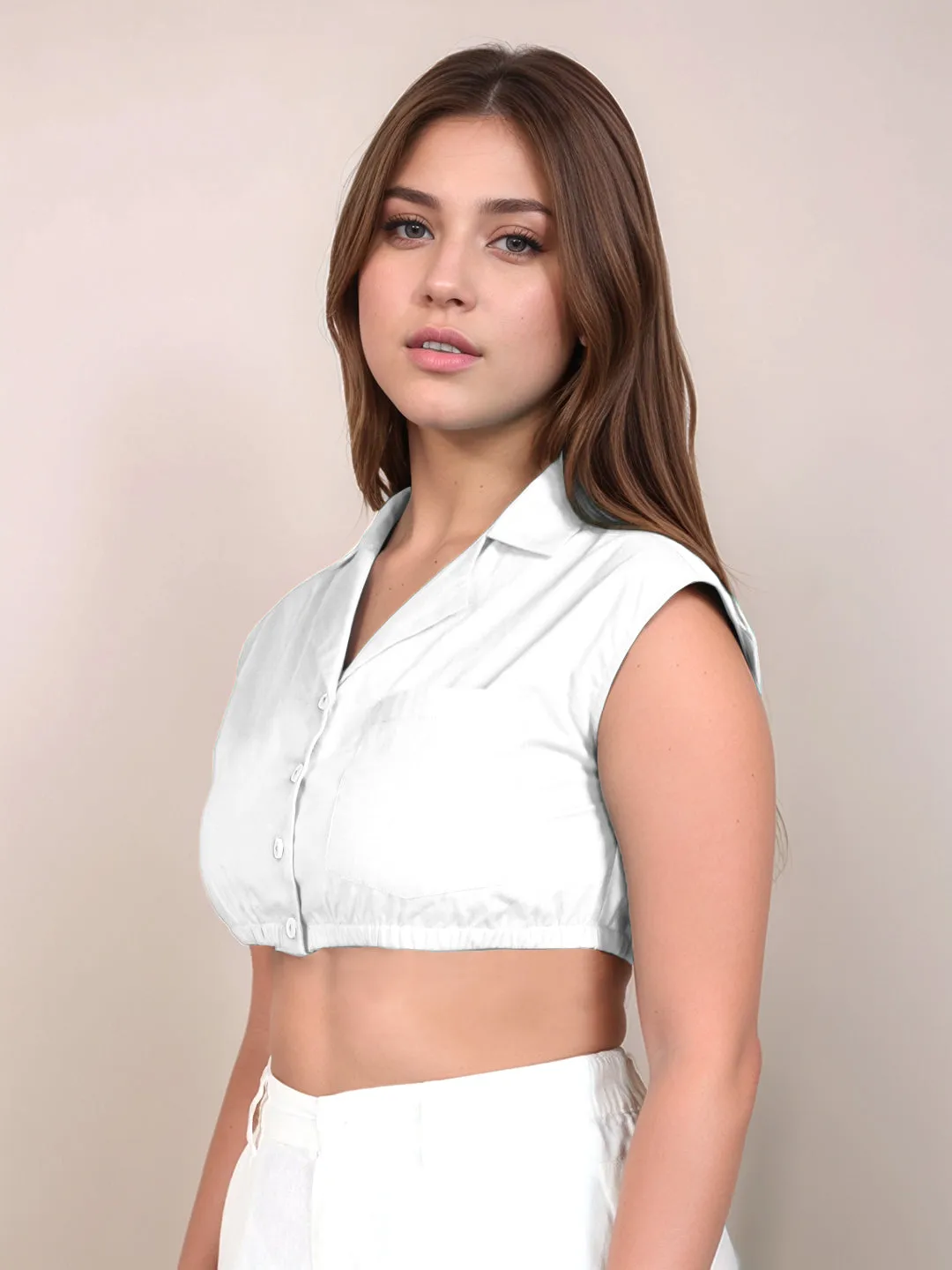 White Solid Sleeveless Crop Top