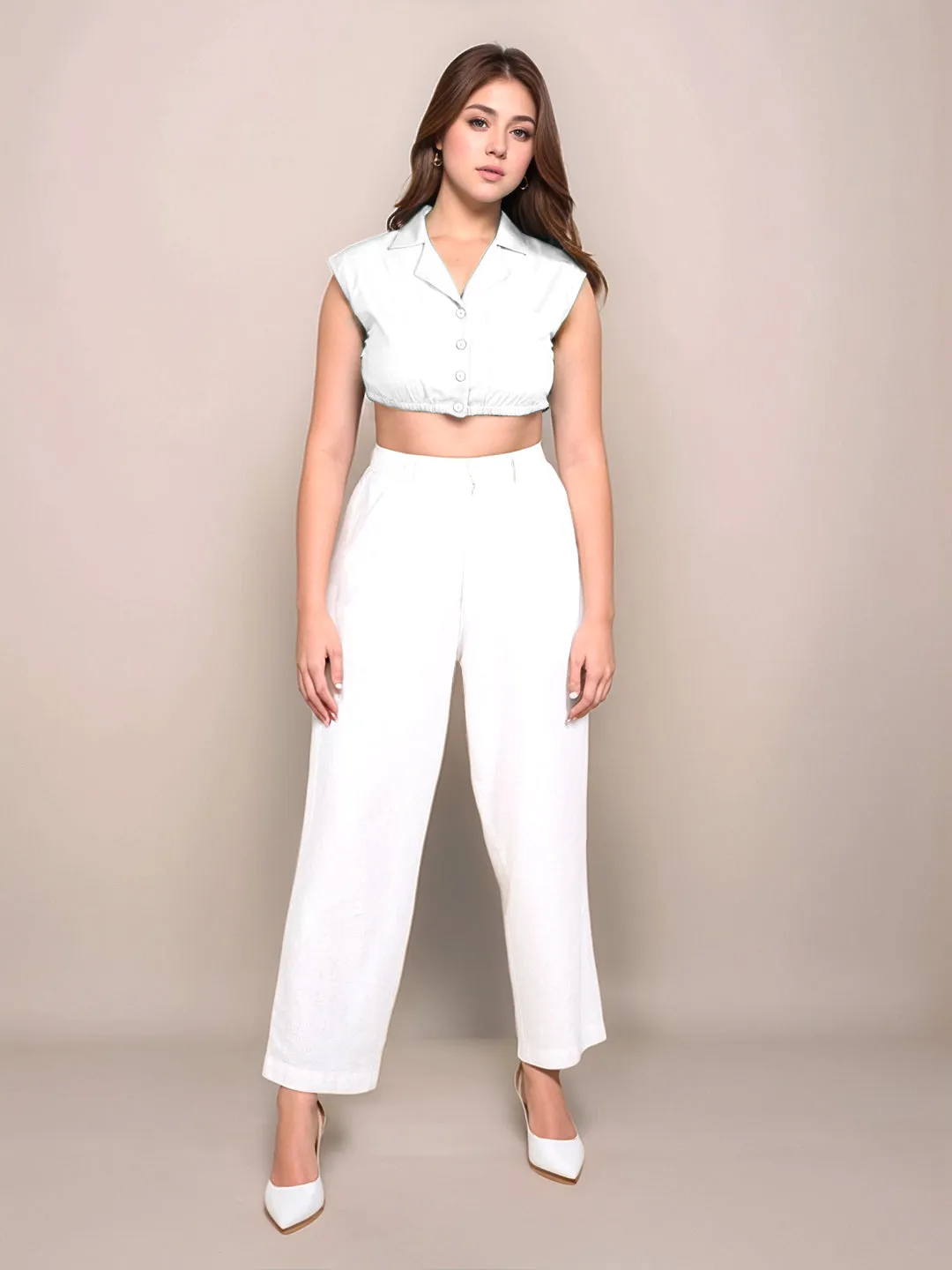 White Solid Sleeveless Crop Top