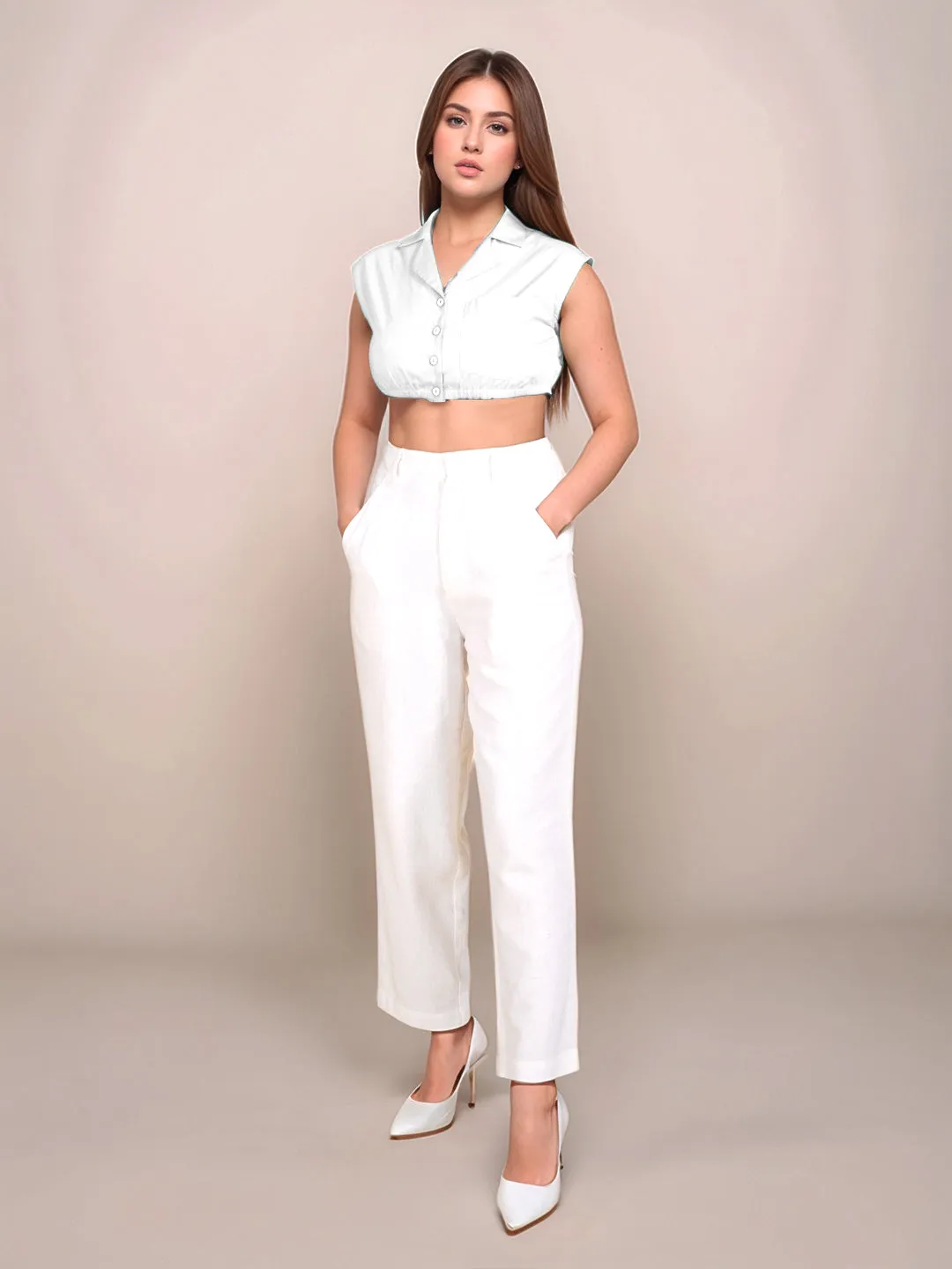 White Solid Sleeveless Crop Top