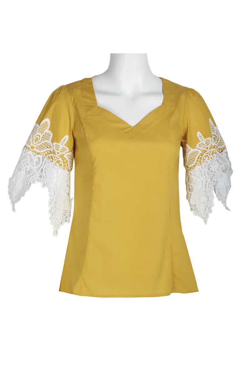 Why Dress V-Neck Short Lace Sleeve Zipper Back Cotton Top