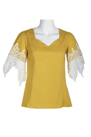 Why Dress V-Neck Short Lace Sleeve Zipper Back Cotton Top