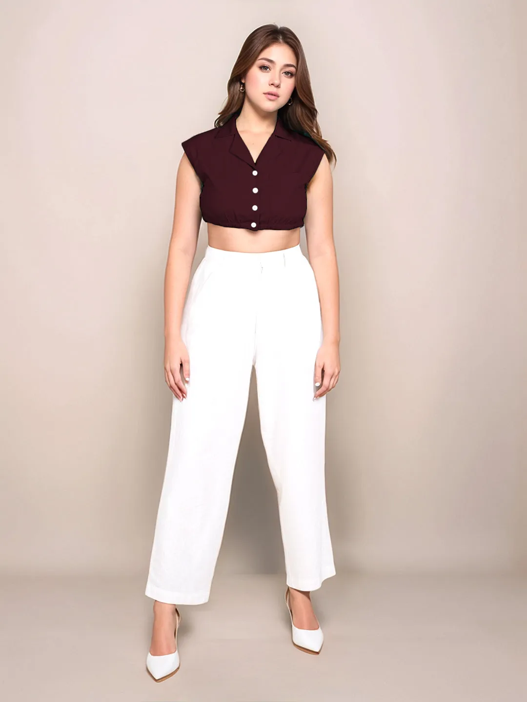 Wine Solid Sleeveless Crop Top