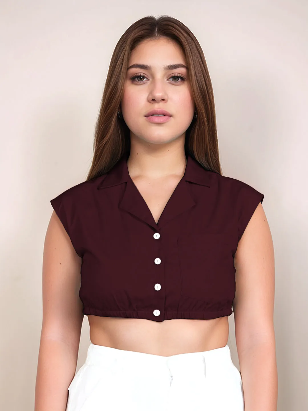 Wine Solid Sleeveless Crop Top