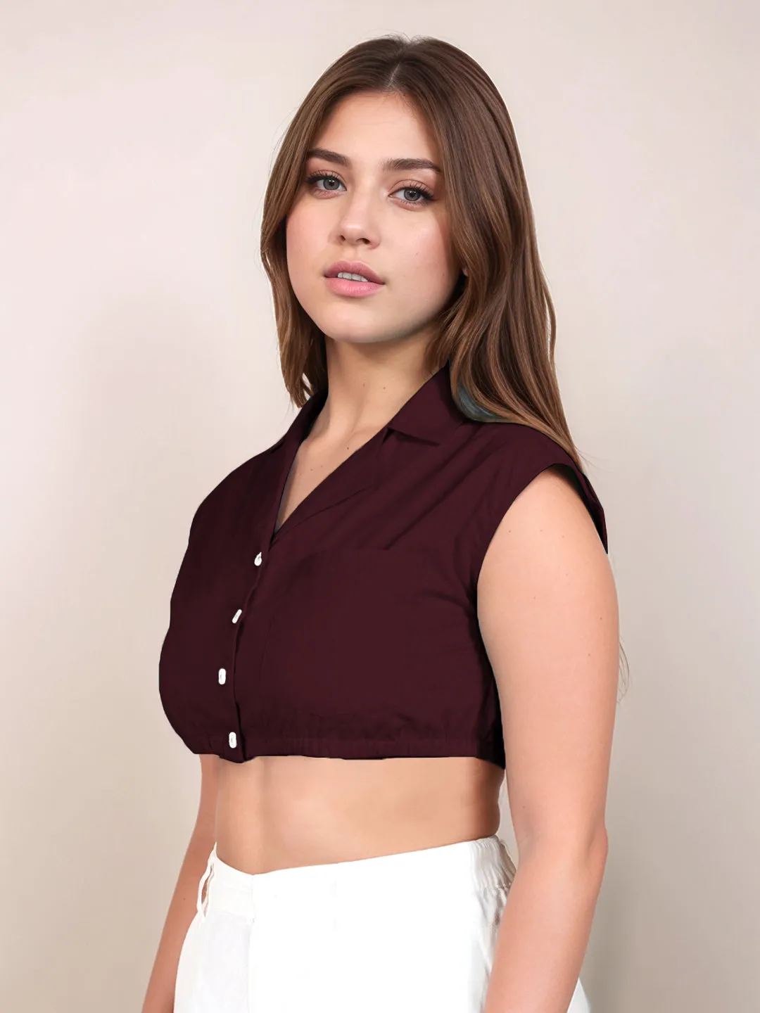 Wine Solid Sleeveless Crop Top