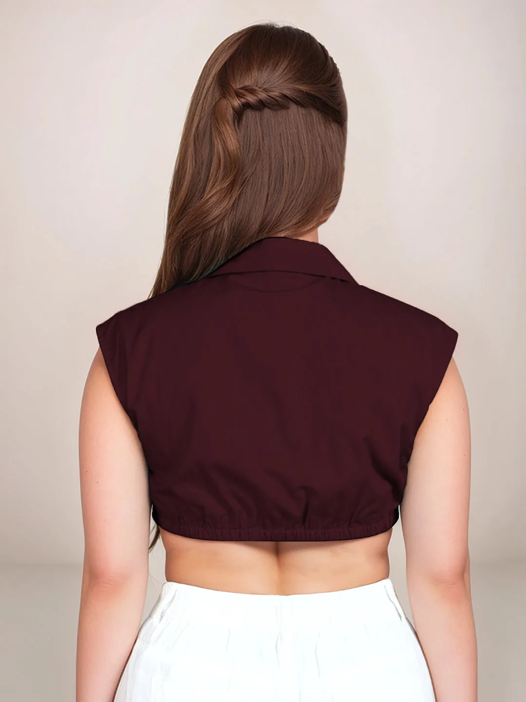 Wine Solid Sleeveless Crop Top