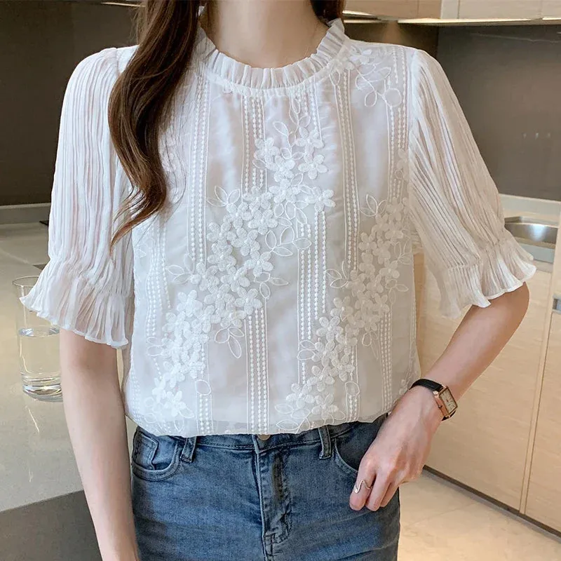 Women Blouse Short Sleeve Embroidery Lace Chiffon Blouse Shirt Blouse Women
