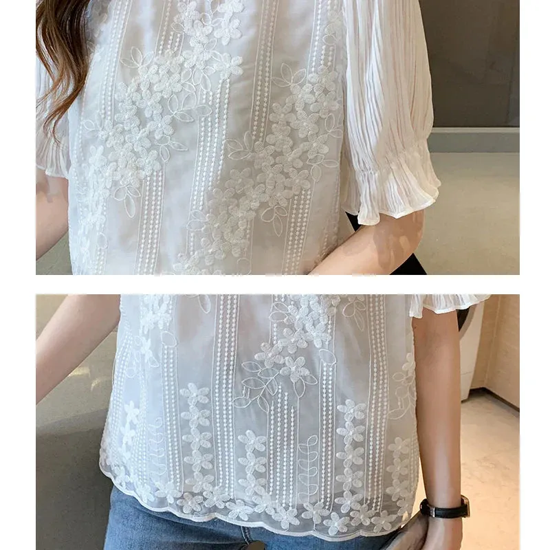 Women Blouse Short Sleeve Embroidery Lace Chiffon Blouse Shirt Blouse Women