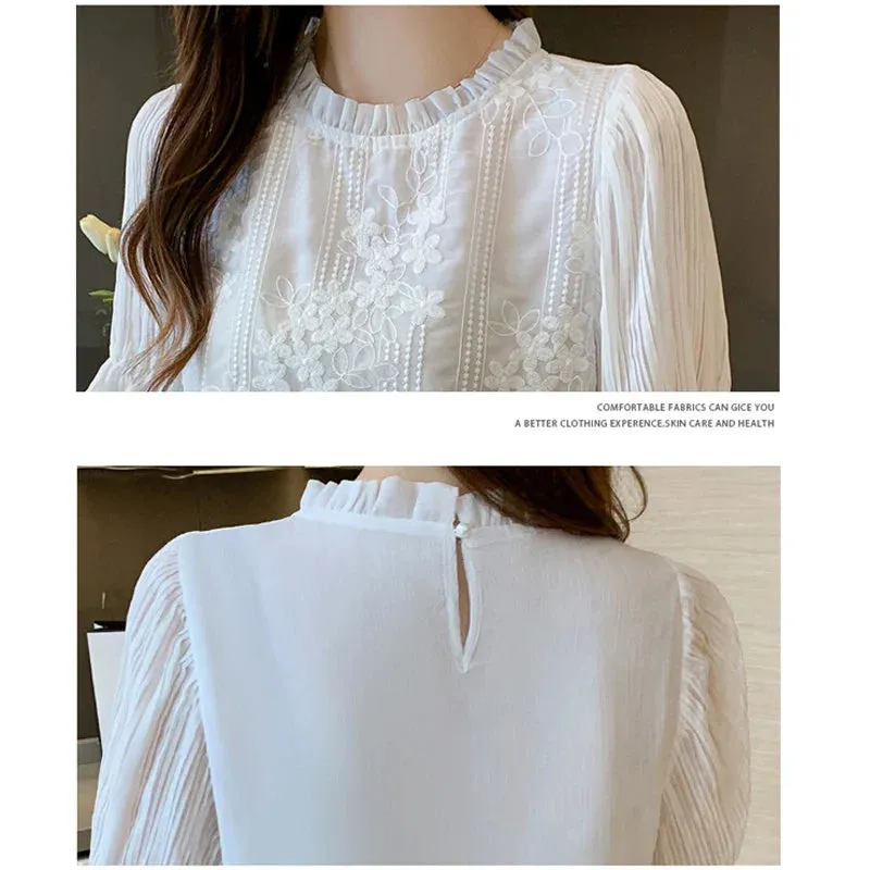 Women Blouse Short Sleeve Embroidery Lace Chiffon Blouse Shirt Blouse Women