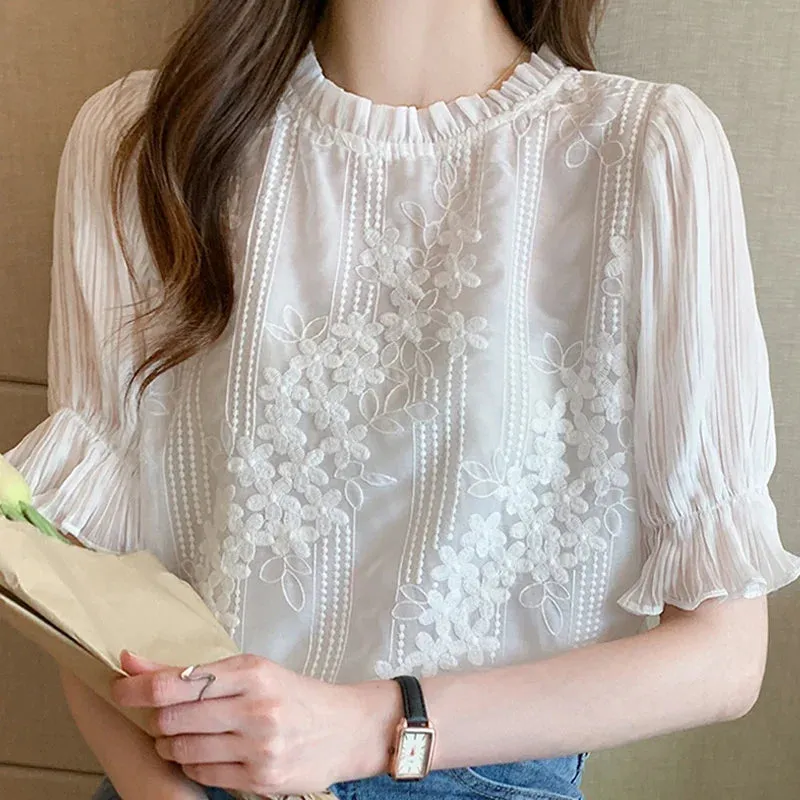 Women Blouse Short Sleeve Embroidery Lace Chiffon Blouse Shirt Blouse Women