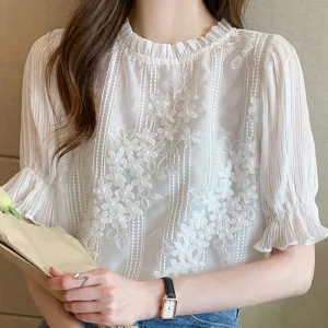 Women Blouse Short Sleeve Embroidery Lace Chiffon Blouse Shirt Blouse Women