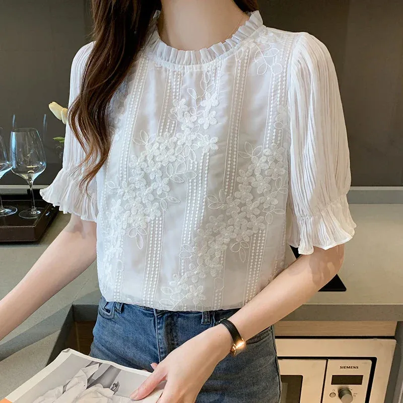 Women Blouse Short Sleeve Embroidery Lace Chiffon Blouse Shirt Blouse Women