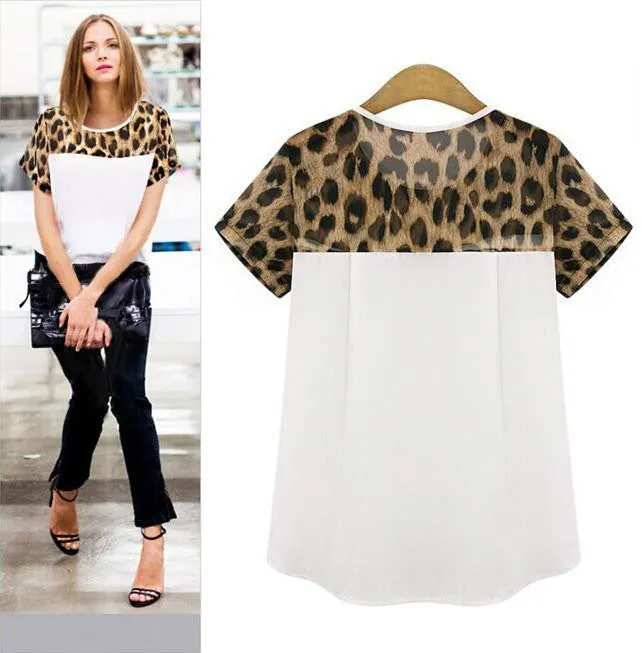 Women Blouses Leopard Print Short Sleeve Chiffon Shirts Ladies Tops Casual Women's Clothing White Black
