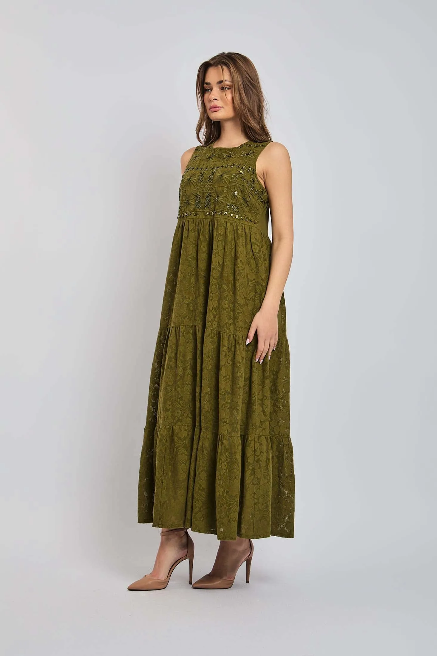 Women Dress Cotton Sleeveless Lace Khaki