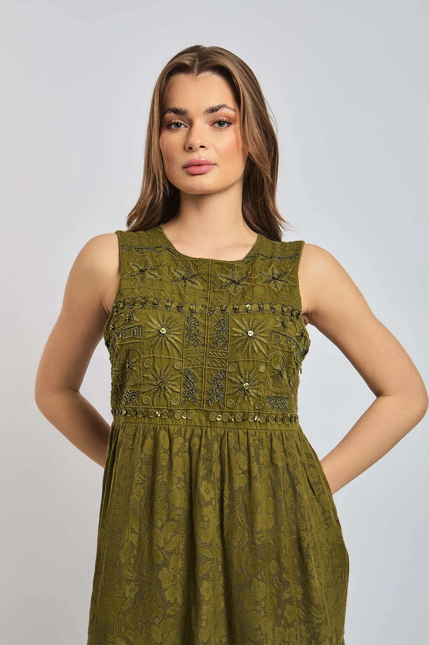 Women Dress Cotton Sleeveless Lace Khaki