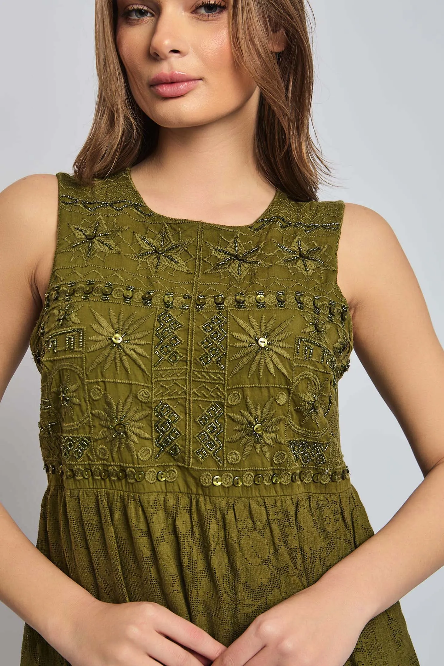 Women Dress Cotton Sleeveless Lace Khaki